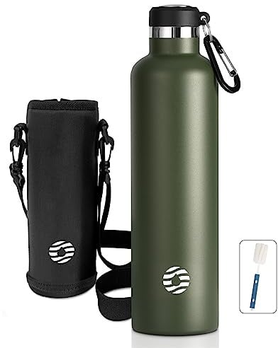 FEIJIAN Edelstahl Trinkflasche 1L mit Karabiner für Kohlensäure BPA-frei | 24 Std. kalt, mit Tragetasche und Flaschenbürste – spülmaschinengeeignet für Uni, Camping und Outdoor.