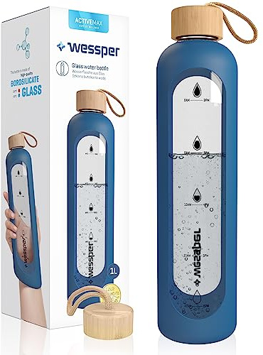 Wessper Trinkflasche Glas 1 Liter, Motivations Wasser Glasflasche mit Hydrationsskala, Borosilikatglas Flasche mit Silikonhülle, BPA Freie Trinkflaschen - Blau
