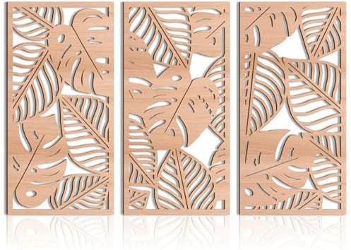 Yixuan 3 Stücke Moderne Holz Wanddekoration, Boho Tropische Monstera Blatt Wandskulpturen mit Laser-Cut Muster, Leichte Natürliche Wand Skulptur Kunst Dekoration für Wohnzimmer, Schlafzimmer, Flur