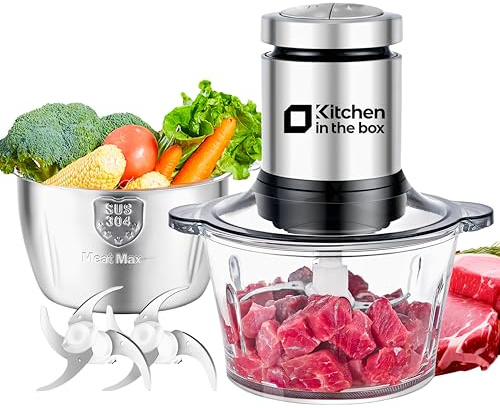 Kitchen in the Box Zerkleinerer Küche Elektrisch 400W Multizerkleinerer, fleischwolf mit 2 Schüsseln(2L+2L) und 2 Bi-Level Edelstahl Klingen, Universalzerkleinerer für Fleisch,Gemüse,Zwiebeln,Obst