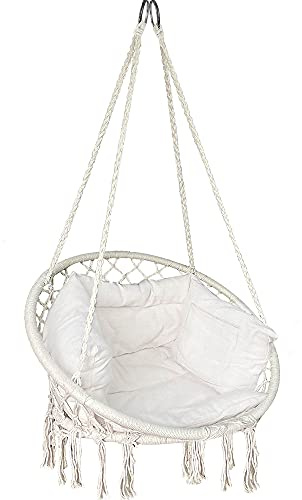 VOUNOT Hängesessel mit Bücherfach & Kissen, Hängeschaukel Hängestuhl für Indoor Outdoor Garten, Ø Sitzfläche 80cm, Beige, X-Large, 4853284765719