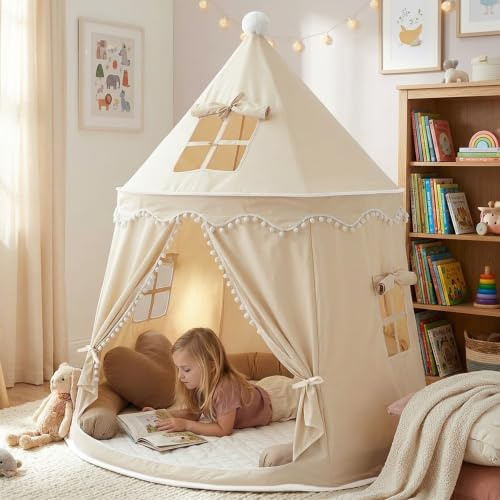 ALRITHO® Spielzelt Kinder aus weichem Silky-Cotton in Warmbeige 110x110x130cm | Kinderzelt Indoor mit TripleAir-Effect, gemütlicher Bodenmatte & Tragetasche | stabile Kuschelhöhle fürs Kinderzimmer