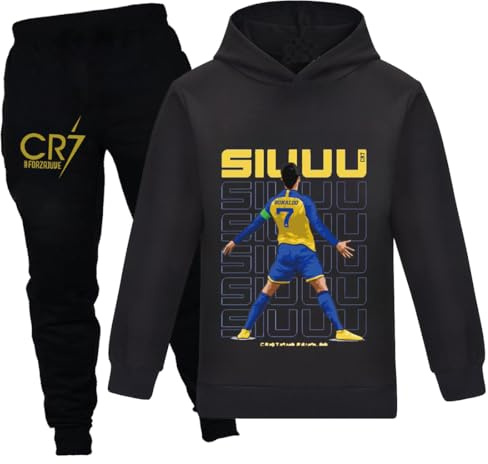 Kinder Trainingsanzüge Hoodie Joggers Hosen 2-teilige Jungen Mädchen Casual Football Print Kleidung Sweatshirt Sets 4-13 Jahre Trainingsanzug Outfits (DE/NL/SE/PL, Numerisch, 150, Regular, Black)