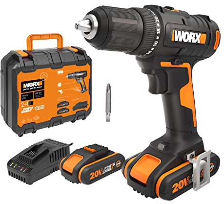 WORX WX108 Akku Bohrschrauber 20V, inkl. 2x2Ah Akkus & Ladegerät | Allrounder Schrauber zum Bohren & Schrauben, zweistufiger Drehzahlbereich & 20+1 Drehmomenteinstellung bis zu 45Nm