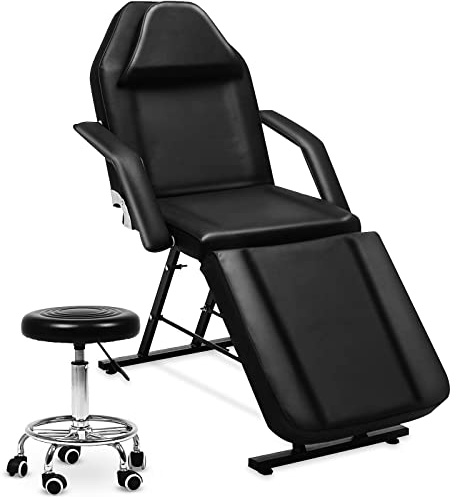 KEEPREAPER Massageliege Kosmetikliege klappbar & höhenverstellbar 3 Zonen mit Kosmetikhocker 78cm Breit Massagebett aus PU-Leder belastbar bis 270kg, Schwarz