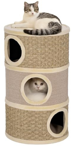 PawHut Kratztonne für Katzen 79 cm Hoch Ø 45 cm Katzentonne mit 3 Etagen Sisalseil, Plüsch Katzenhöhle, Kratzbaum für große Katzen, Khaki+Kaffee