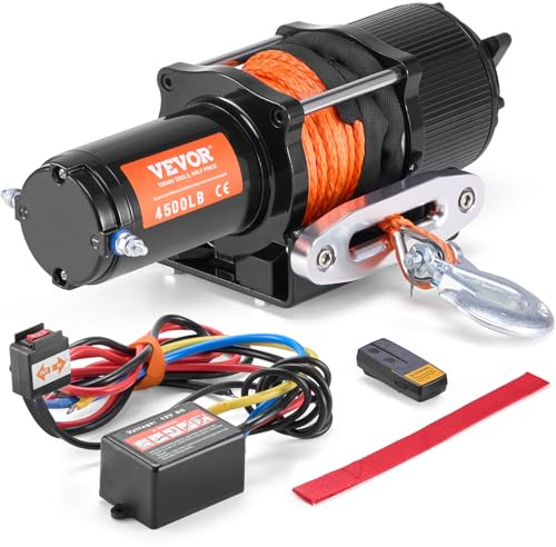 VEVOR Elektrische Seilwinde, 2041 kg, Elektrowinde 12 V DC für Geländefahrzeuge/UTVs, Motorwinde mit 12-strängigem Synthetikseil (Φ0,6 x 1188,7 cm), Aluminium-Seilführung, Fernbedienungen, IP55