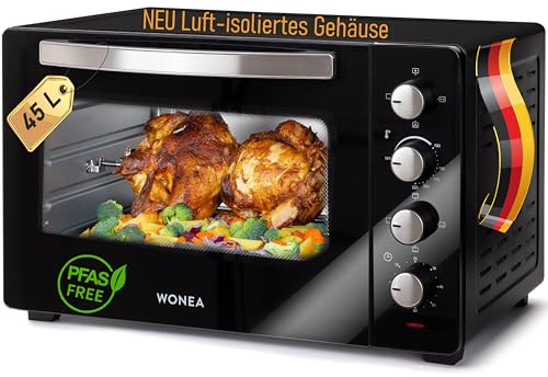 Minibackofen 45 Liter mit Glasfront und 2.000 Watt | Mini Backofen mit Umluft, Drehspieß und Krümelblech | Ober-/Unterhitze | Konvektion | 60 min Timer | Neues luft-isolierten Gehäuse, Mini-Ofen