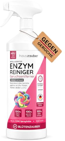 hauszauber - Enzymreiniger [STARKER GERUCHSENTFERNER] 1000 ml - Gegen Katzenurin, Nikotin, Tiergerüche etc. - Schlechte Gerüche aus Auto & Teppich entfernen - Geruchsentferner - Blütenzauber