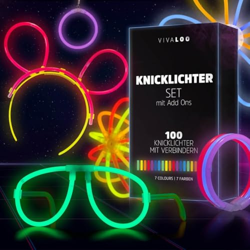 Vivaloo Knicklichter Party Set 100 Stück + Zubehör - Leuchtstäbe mit Verbinder für Leuchtarmbänder, Bälle usw. - Party Deko & Festival Zubehör - Party Lichter Neon