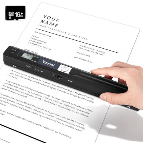 Youool Handscanner Dokumentenscanner, A4 900 DPI Hohe Auflösung Farbfoto Portable Scanner, JPG/PDF Format USB 2.0 Mobiler Scanner Tragbarer Dokumentenscanner für Dokumente Quittungen Fotos (Schwarz)