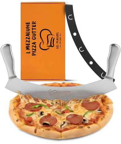 Les Plaisirs Du Chef – Extra scharfer Pizza Schneider/Pizzaschneider aus Edelstahl | Großes Wiegemesser 30,5 cm mit Doppelgriff | Pizzamesser & Pizza Cutter – Praktisches Pizza Zubehör