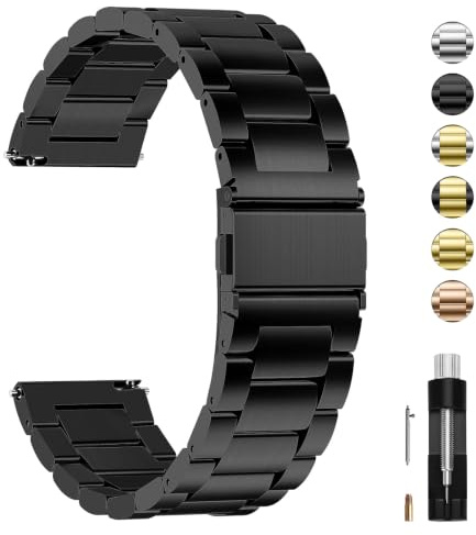 Uhrenarmband 20mm Edelstahl für Traditonale Uhren und Smartwatchs | Schwarz Metallarmband mit Schnellverschluss für Damen Herren Wechsel Ersatzband,20mm