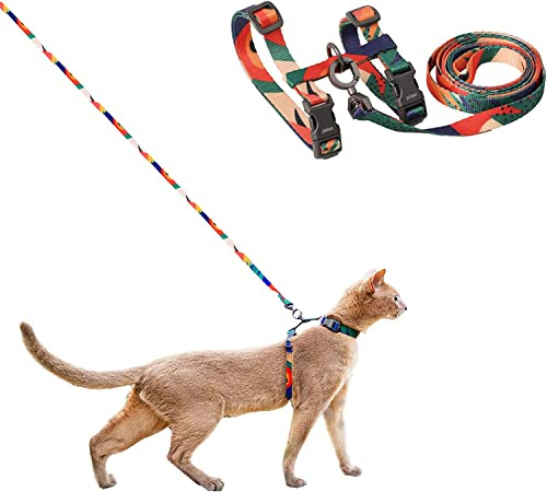 Katzengeschirr- und Leinen-Set - Mehrfarbig | Ausbruchsicheres, verstellbares H-Geschirr aus weichem Polyester für sicheren Sitz und angenehmes Tragen.