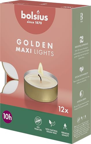 Bolsius Maxi-Teelichter mit goldenem Becher - 12 Stk. - 10 Stunden Brenndauer - Dekorative Haushaltskerzen - Unparfümiert - Mit Natürlichem Pflanzenwachs - Ohne Palmöl