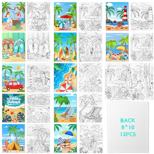 Vorgezeichnete Leinwand zum Malen 8x10 Zoll, 12er Pack vorgefertigter Künstler-Leinwände für Acryl-, Öl- und Medienmalerei, Kunstbedarf für Hobbykünstler, Kinder und Anfänger (Sommer Strand)