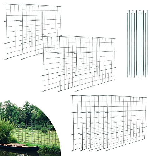Tubiaz Teichzaun Set, 10 Stück Teichzaun Steckzaun Metall mit 22 Zaunelemente-10 Zaunelemente 12 Befestigungsstäben, Länge 7,5 m Metallzaun Grün, Freigehege Gartenzaun Tiergehege (Gerade)