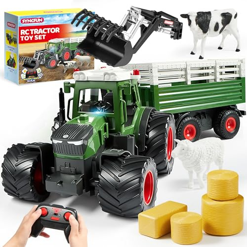SYNCFUN Ferngesteuertes Traktor-Spielzeugset – Großes landwirtschaftliches Fahrzeug mit Anhänger, Lader, Lichtern und Geräuschen