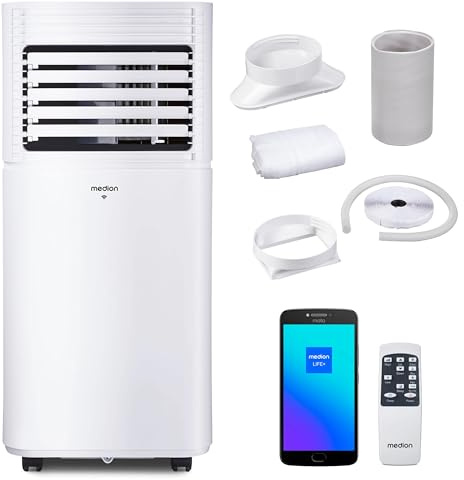 MEDION Smarte Mobile Klimaanlage mit Abluftschlauch P701 (7000 BTU, mobil, inkl. Fensterabdichtung, bis 25m², 3in1 Kühlen Entfeuchten Ventilieren, App- und Sprachsteuerung, Schlafmodus, MD 37672)