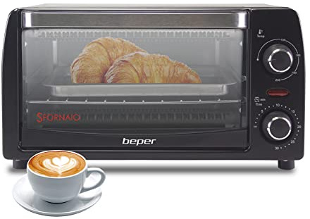 BEPER 90.882 Elektrischer Backofen, 1050 W, 12 L, Heizelemente aus Quarz, Wärmeisolierter Stahlgriff, Schwarz