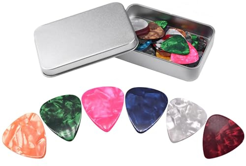 Plektrum, Plektren gitarre, Guitar Picks, Plektren für E-Gitarre, Ukulele, Akustikgitarre, Klassikgitarre, Bassgitarre, Zelluloid, 32 Stück mit Aufbewahrungsbox (0,46/0,71/0,96/1,2 mm)