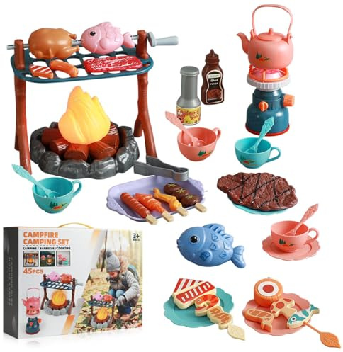 Lagerfeuer-Spielset mit 45 Realistischen Grillzubehörteilen Falschen Grillgerichten Teekannen usw mit Lichtern & Geräuschen Pädagogisches Camping Spielzeug Geeignet für Kinder ab 3+