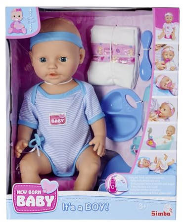 Simba 105030044 - New Born Baby Puppen-Junge, Vollvinylpuppe mit Schlafaugen, Trink- und Nässfunktion und Zubehör, 8 Teile, 43cm, Babypuppe, ab 3 Jahre