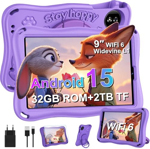 SUAAT 2026 Kinder Tablet 9 Zoll Android 15 mit 32GB ROM+TF 2TB, 5G WiFi, Gemini AI, Octa-Core, Widevine L1, GPS, Face ID, Kindersicherung, 1340 * 800, 5000mAh, BT 5.0, Kids Tablet mit Eva Case - Lila