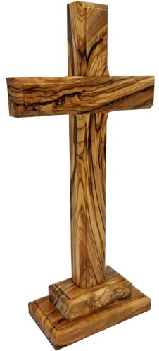 Lunexus Olivenholz Standkreuz 18,5 cm - Handgefertigt in Bethlehem - Gesegnet mit Weihezertifikat - Christliches Tischkreuz mit Standfuß - Geschenk zur Taufe, Kommunion, Firmung - Deko Holzkreuz