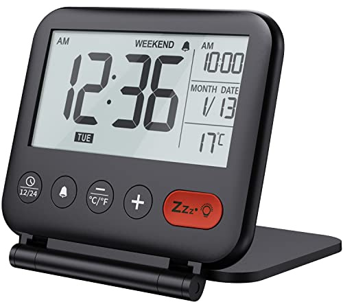 NOKLEAD Mini Digital Wecker - klein modern reisewecker mit temperaturanzeige, Datum, LCD Display, Snooze und Hintergrundbeleuchtung, batteriebetriebener tischuhr für Faltbarer Reise wecker (Schwarz)