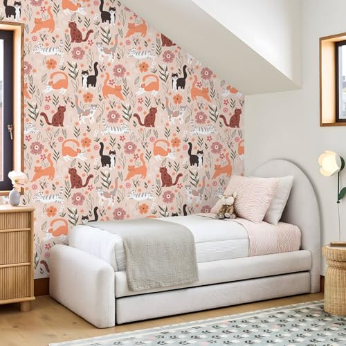VEELIKE Selbstklebende Tapete Kinderzimmer Rosa Katze Fototapete Blumen 44.5 cm x 300 cm Süßes Kätzchen Mustertapete Abnehmbar Puppenhaus Tapete Mädchenzimmer Spielzimmer Kindertapete Tiertapete