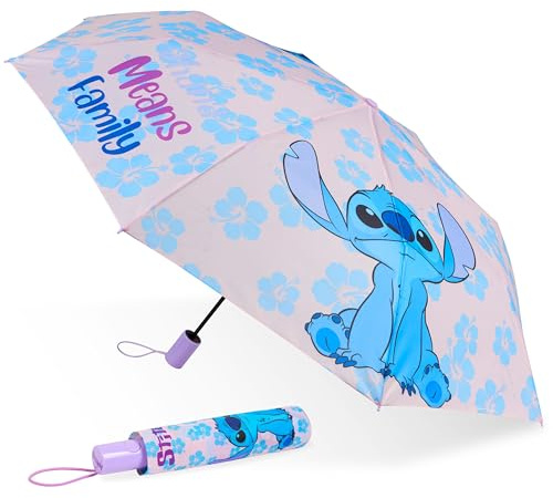 Disney Regenschirm Kinder, Leichter Taschenschirm Faltbar Automatik - Stitch Sachen (Lila Stitch)