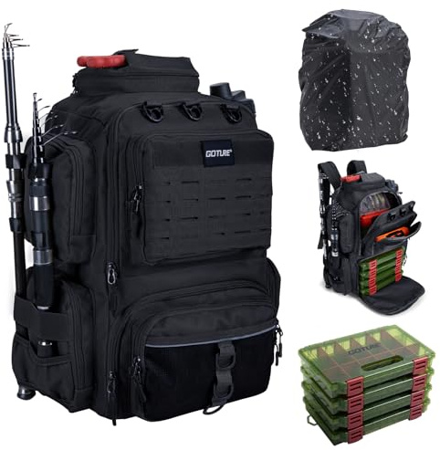 Goture Angelrucksack 45L mit 4 Köderboxen, Zwei Rutenhaltern, Regenschutz | 900D Oxford-Gewebe, wasserabweisend, mit verstellbarem Fach – ideal für Angeln, Camping und Outdoor-Aktivitäten