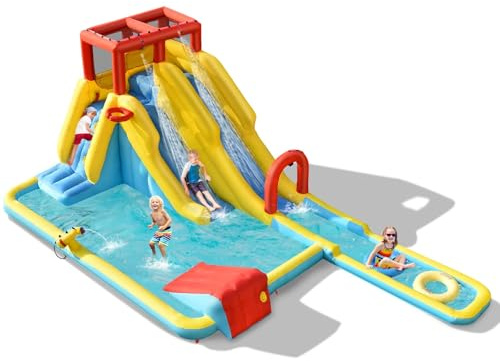 FANTASK Hüpfburg mit Tragetasche, Schwimmringen, aufblasbarem Basketball und Reparaturset Wasserrutsche, Wasserpark für draußen, inkl. Wasserpistole, Kletterwand & Basketballkorb