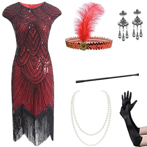 Gammify 1920er Jahre Damen Abendkleid V-Ausschnitt Pailletten Perlen Fransen Kleid mit 20s Zubehör Set