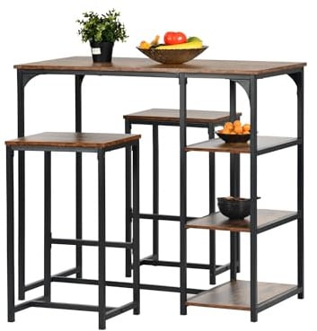 FurnitureR Bartisch mit Barhocker Set, mit Regalen und 2 Hockern, industrieller Stil, geeignet für Küche, Esszimmer, Wohnzimmer, Pub, Bartisch 100 x 50 x 90 cm, Barhocker 40 x 30 x 65 cm
