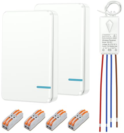 Thinkbee Funkschalter 230V Set - 2 Kabellose Funktaster + 1 Mini-Empfänger, Funk Lichtschalter für 1 Lampe von 2 Stellen, IP66 Sender, 433 MHz, 10A, 1000W, für Innen/Außen, zum Kleben oder Tragen
