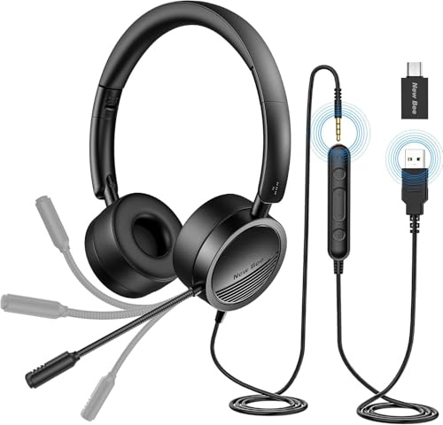New Bee PC Headset mit Mikrofon USB/3,5mm Business Headset Klare Stereo-Sound für Call Center Office Telefonkonferenzen Skype-Chat Webinar-Präsentationen Online-Kurse und Musik