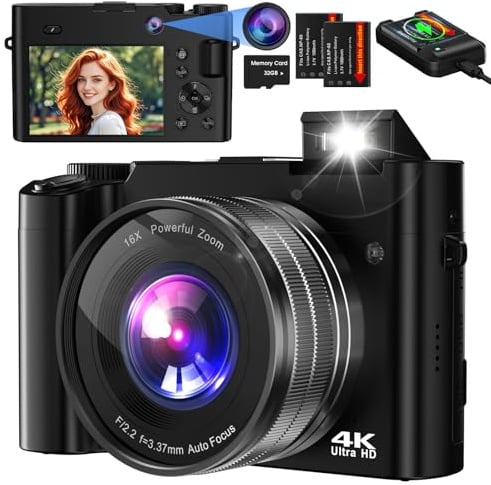 Digitalkamera,Bofypoo 64MP Autofocus Kamera Fotokamera mit Dual-Kameras Vorne und Hinten 32G-Speicherkarte,Kompaktkamera mit 16X Digital Zoom für Anfänger (Schwarz)