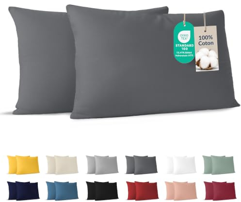 Dreamzie - Kissenbezug 40 x 80cm - 2er Set - 100% Baumwolle - Anthrazit | Oeko-Tex zertifiziert · mit Reißverschluss · Kopfkissenbezug & Kissenhülle · Jersey · 150 g/m² · Weich · Waschbar