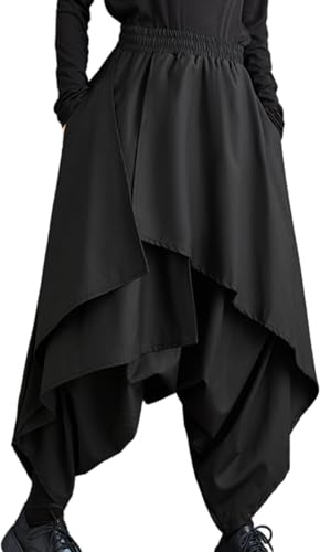ellazhu Damen Harem Rock Hose Tiefem Schritt Elastischer Taille Weite Hose unregelmäßigem Saum GZ29 Schwarz