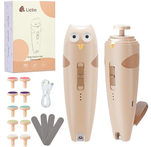 Lictin Elektrische Nagelfeile Baby, Wiederaufladbar Nagelfeile Baby, Nagelfeile Elektrisch mit Licht, Baby Nagelfeile mit 10 Schleifkopf Ersatzpads, Khaki