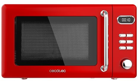 Cecotec Mikrowelle mit Grill ProClean 5110 Retro Red. 20 Liter Kapazität, 700 Watt Leistung, 8 Kochprogramme, Auftaufunktion, 60-Minuten-Timer und Kindersicherung für die schnelle Speisenzubereitung