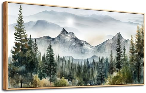 MHARTK66 Aquarell Wald Bilder Mit Rahmen Holz, Natur Landschaft Leinwand Bilde Aesthetic, 50x100 cm Groß Wandbilder Wohnzimmer, Modern Wanddeko Kunstdruck Schlafzimmer Esszimmer Büro Küche