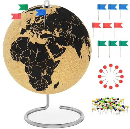 Drehbarer Korkglobus mit 104 Pins - Globus aus Kork 25cm hoch zum Pinnen - stilvolle Weltkugel mit Pinnadeln als Geschenkidee - Weltkarte Kork Globus - Cork Globe als Geschenk für Weltenbummler