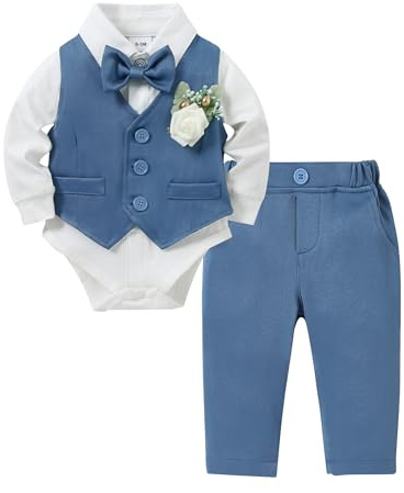 ZOEREA Baby Jungen Gentleman Anzug 0-18 Monate, Kleinkind Hochzeit Taufe Festliche Langarm Strampler Hemd + Fliege + Weste + Korsage + Hosenträge
