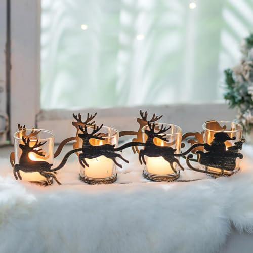 NUPTIO Adventskranz Länglich Teelichter Metall: Weihnachtskranz Tisch | 31,5cm Schwarz Adventsgesteck Klein mit Glas Rentier Adventsdeko Adventkranz Modern Weihnachtsdeko für Innen Weihnachten