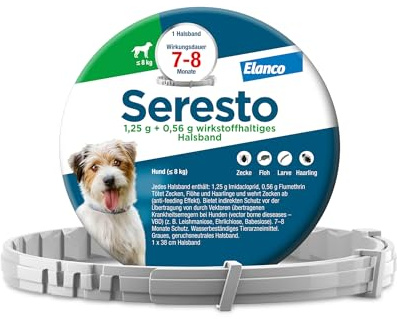 Seresto Halsband für kleine Hunde bis 8 kg, Zeckenhalsband mit bis zu 8 Monaten Schutz gegen Zecken und Flöhe, geruchsneutral, Länge: 38 cm