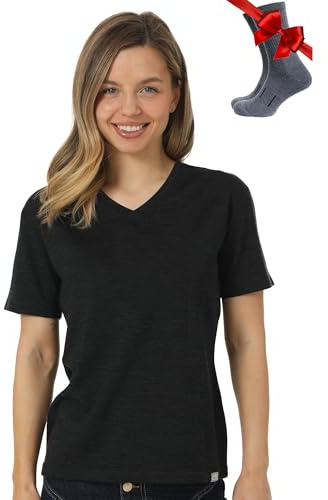 Merino.tech 100% Merino Shirt Damen V-Ausschnitt Outdoor + Wollsocken | Schnelltrocknend, Atmungsaktive Merino Tshirt Damen, Geruchshemmend, Frisch, Thermo Sportshirt, für Wandern & Alltag