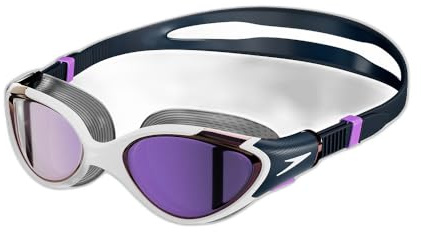 Speedo Damen Biofuse 2.0 verspiegelte Schwimmbrille | Design für Damen | Patentierter Verstellmechanismus | Anti-Beschlag | Wasserdicht | Bequemer Sitz White/True Navy/Sweet Purple One Size